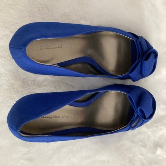 Brand New Designer Royal Blue Silk Peep Toe Mid Heels - Picture 3 of 4